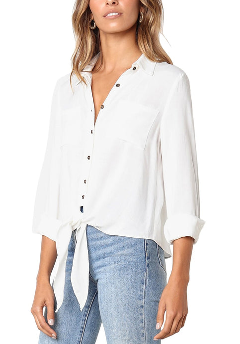 Casual 3/4 Sleeve Shirts Button Up Solid Tie Front Blouse Top