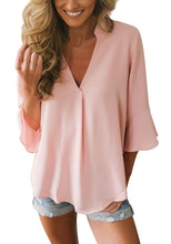 Load image into Gallery viewer, V Neck 3/4 Bell Sleeve Blouse Casual Chiffon Tops Loose T Shirts