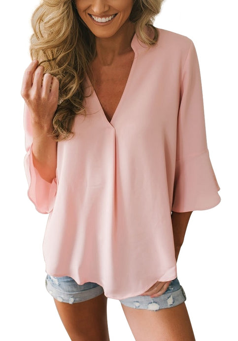 V Neck 3/4 Bell Sleeve Blouse Casual Chiffon Tops Loose T Shirts