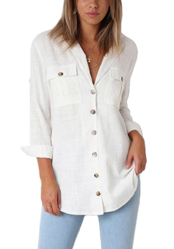 Long Sleeve Button Down Shirts Blouses Casual Roll Up Sleeve Top