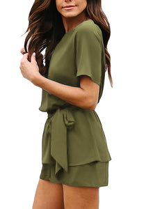 Short Sleeve Belted Overlay Keyhole One Piece Jumpsuit Romper