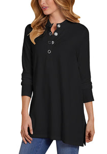 Casual Notched Vneck Solid Tunic Top Button Side Slit Henley Shirt