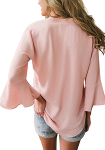 V Neck 3/4 Bell Sleeve Blouse Casual Chiffon Tops Loose T Shirts