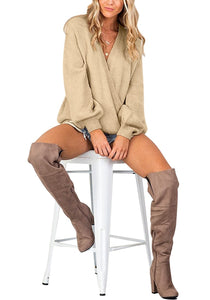 Casual Faux Wrap Jumper Tops Deep V Neck Knitwear Tunic Sweaters
